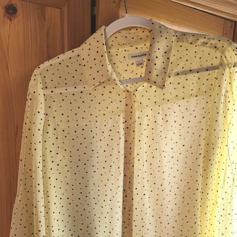 Light yellow polka dot blouse by frank and oak, size M